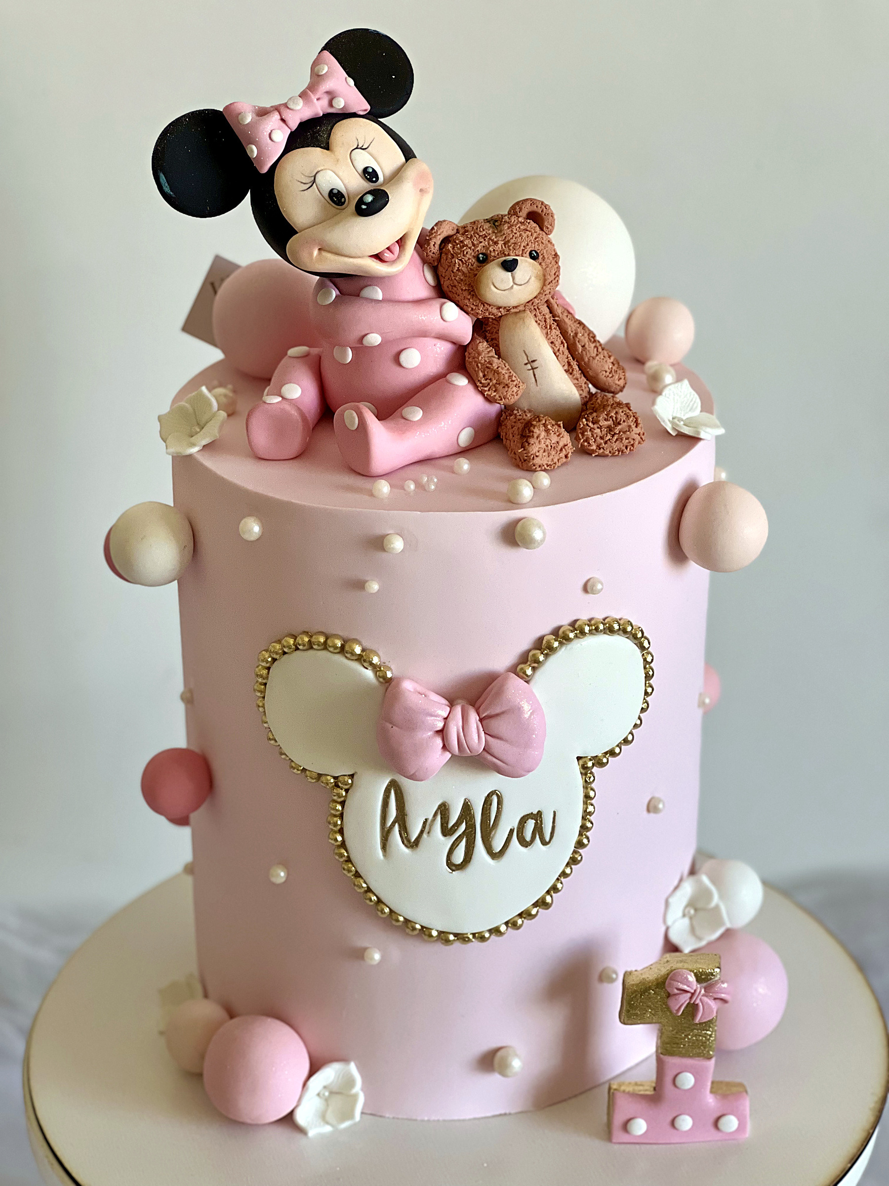 Pink Minnie Mouse Cake with Teddy Bear